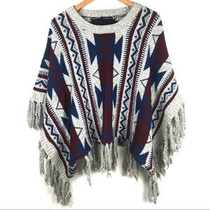 Geometric Patterned Poncho - Blue and Red